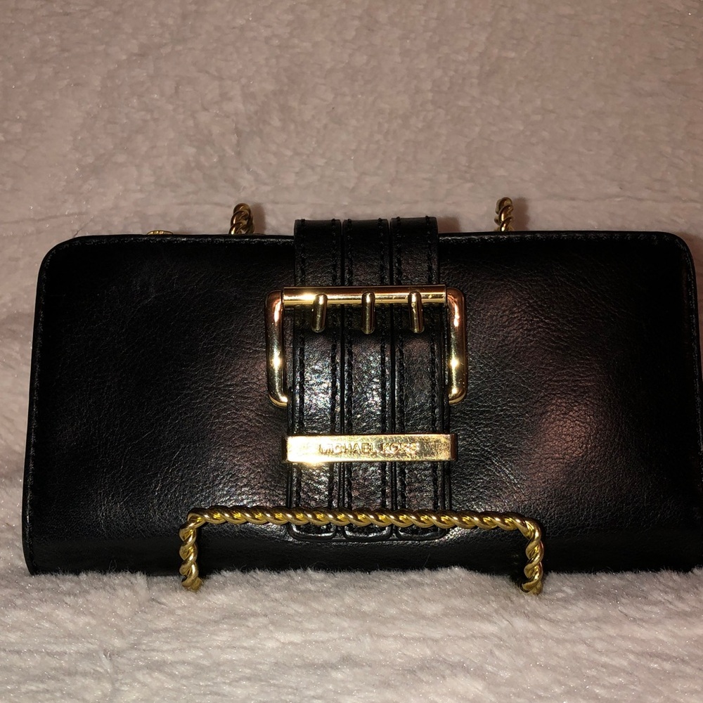 Michael Kors Black Leather Buckle Clutch Wallet with Gold Hardware